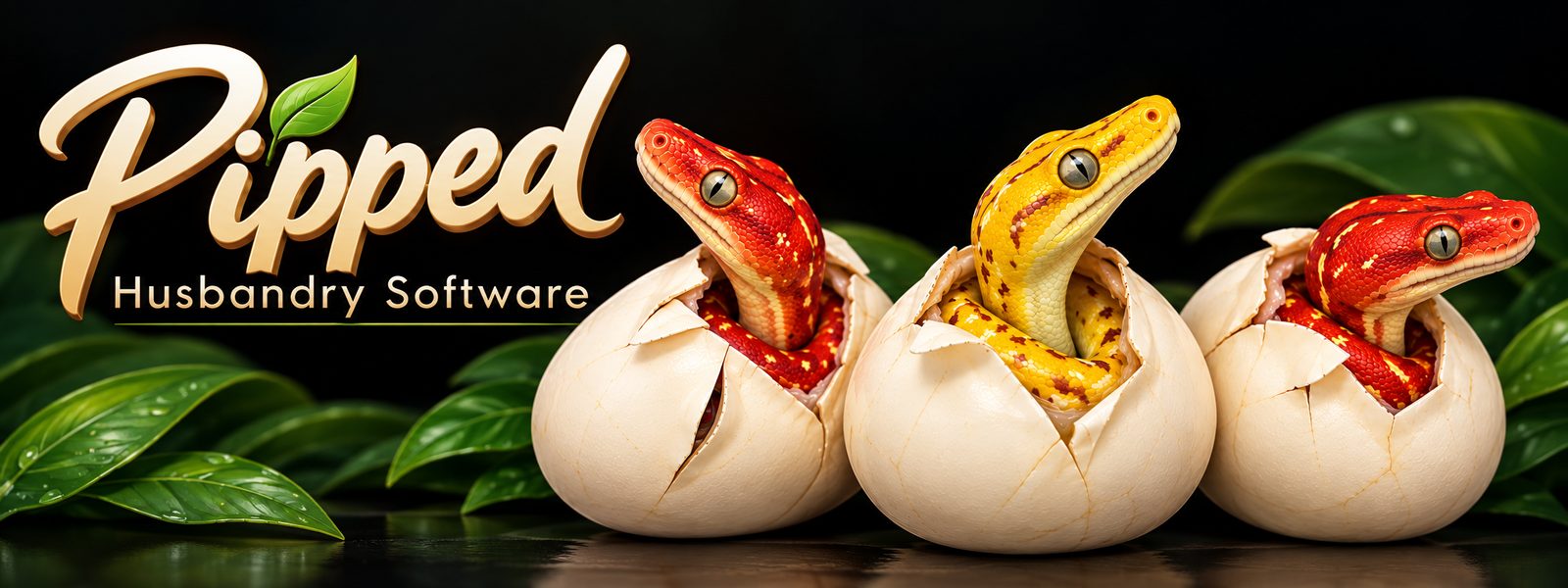 Pipped husbandry software — three neonate green tree pythons, two red and one yellow, hatching from their eggs